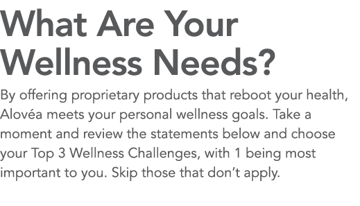 What Are Your Wellness Needs  By offering proprietary products that reboot your health, Alov a meets your personal we   