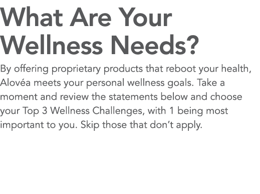 What Are Your Wellness Needs  By offering proprietary products that reboot your health, Alov a meets your personal we   